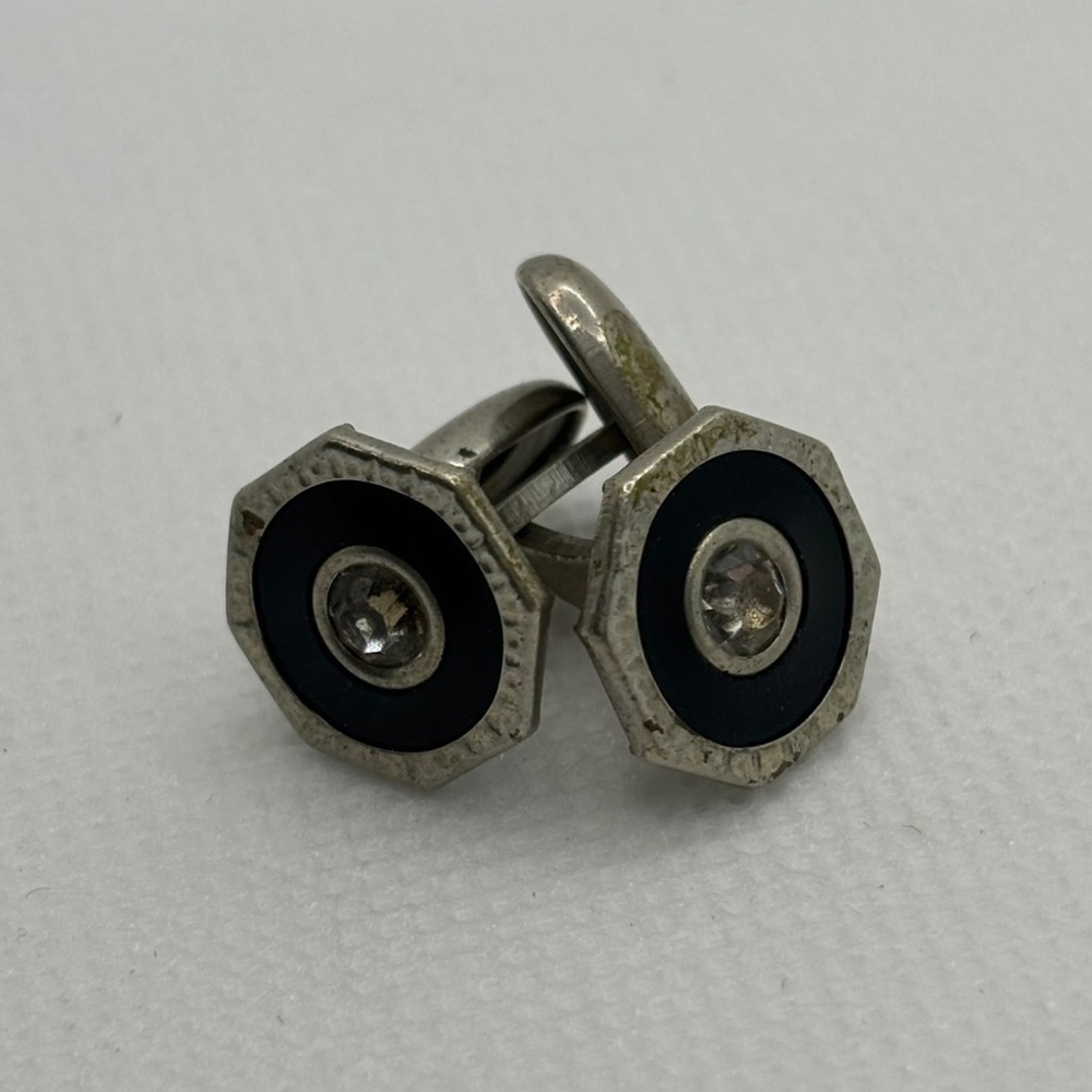 Edwardian, Octagonal, Silver Plate with Rhinestone Men's Cuff Links, Circa 1900S